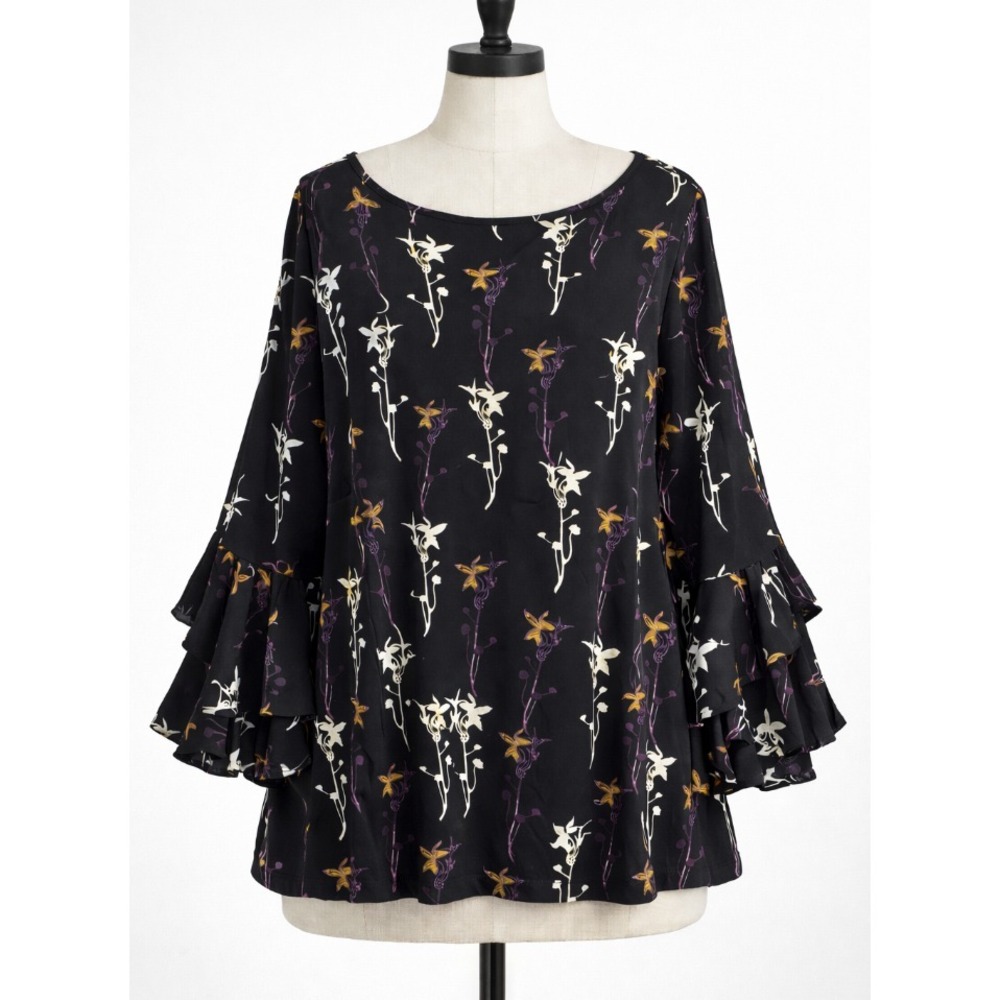 Alfani Black Floral Ruffle Bell Sleeve Blouse 2X Whimsigoth Romantic Office